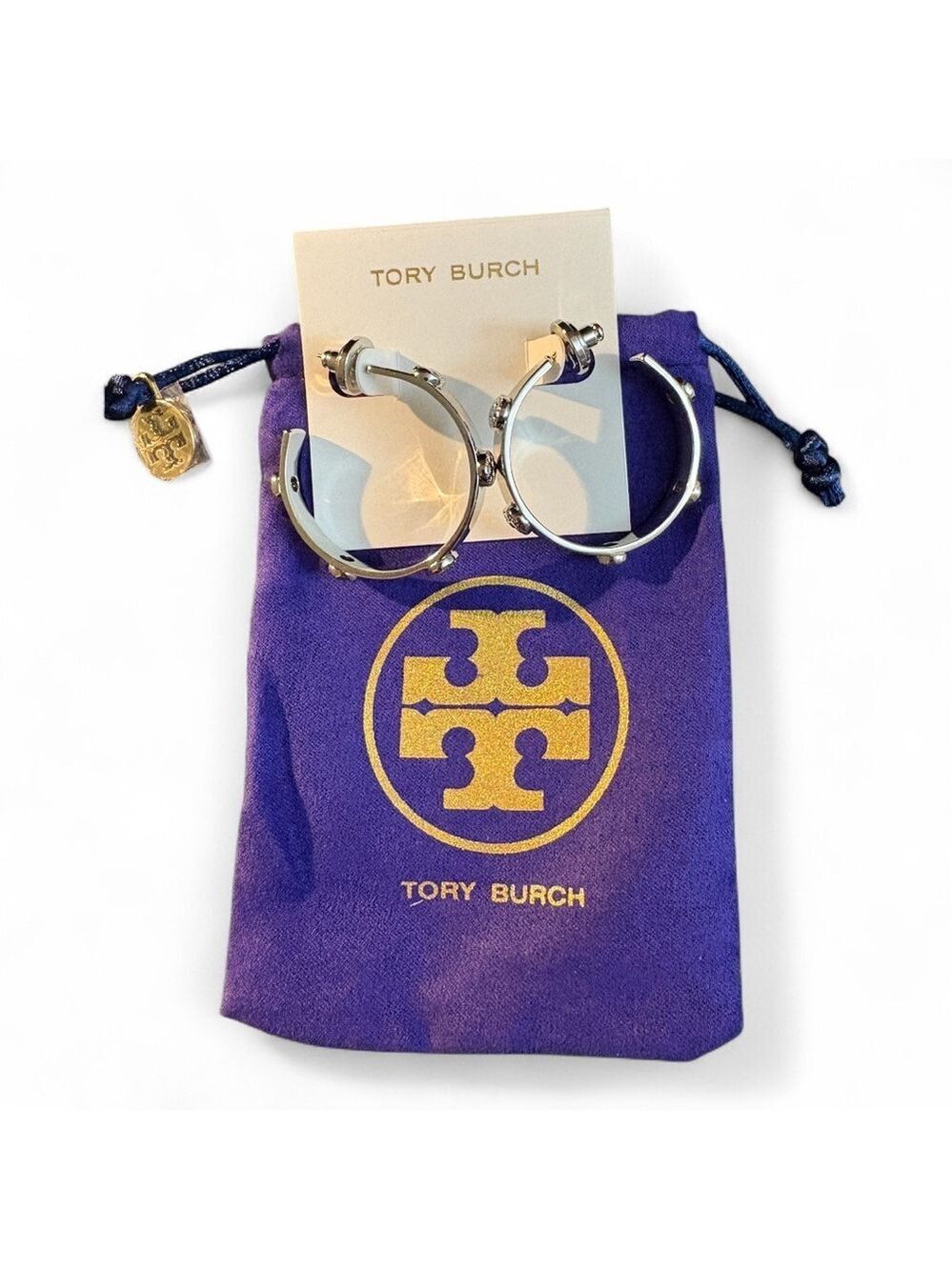 Tory Burch Silver Studded Hoop Earrings with Purple Dust Bag New on Card